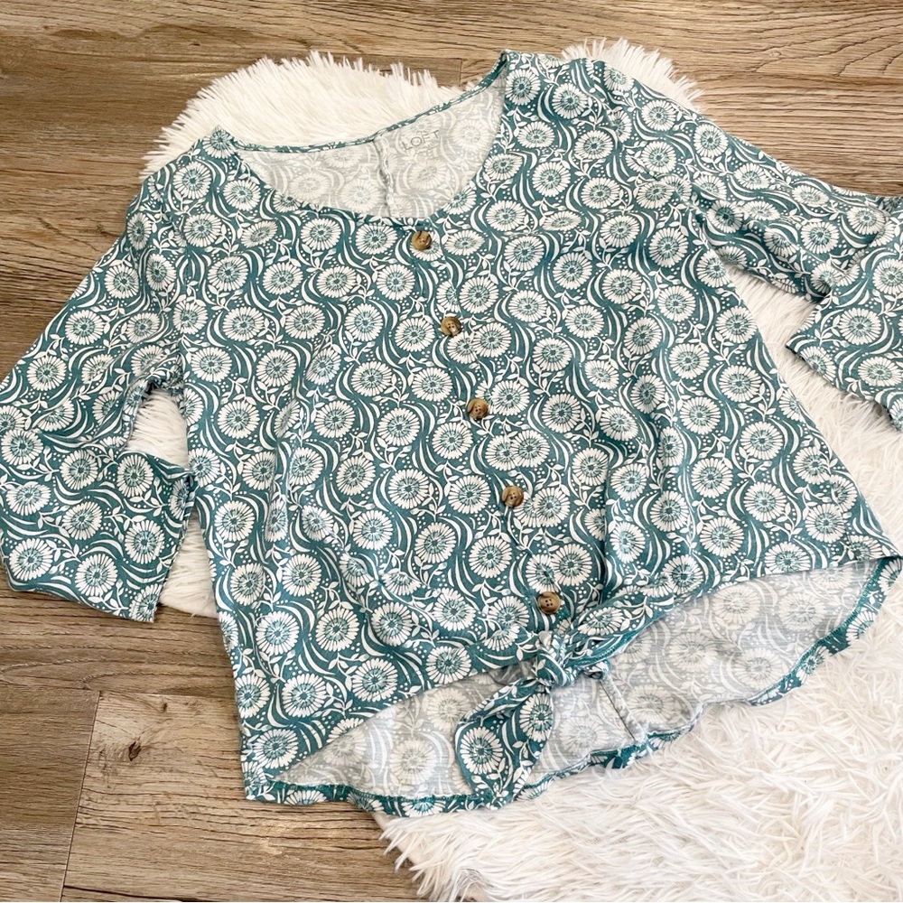 LOFT Block Print Tie Front Top Cotton Teacher Casual Small